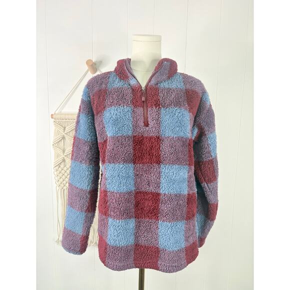 Eddie Bauer Plaid Sherpa Fleece Quarter Zip Pullover Jacket Size Small Blue Red - Picture 4 of 10